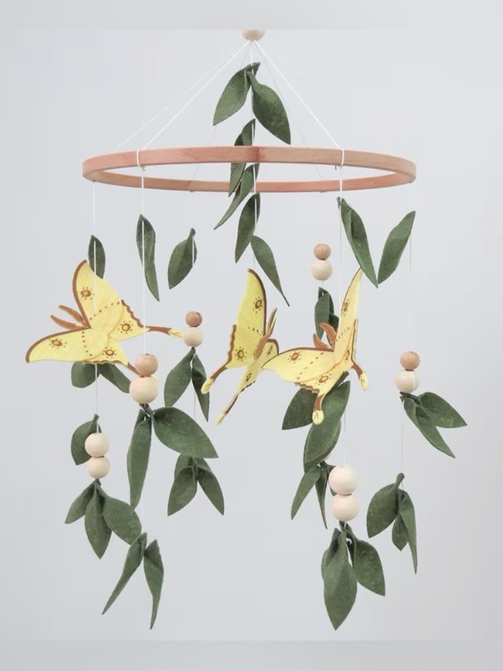 adorable felt hanging mobile • baby • yellow luna moth, green leaves, wood